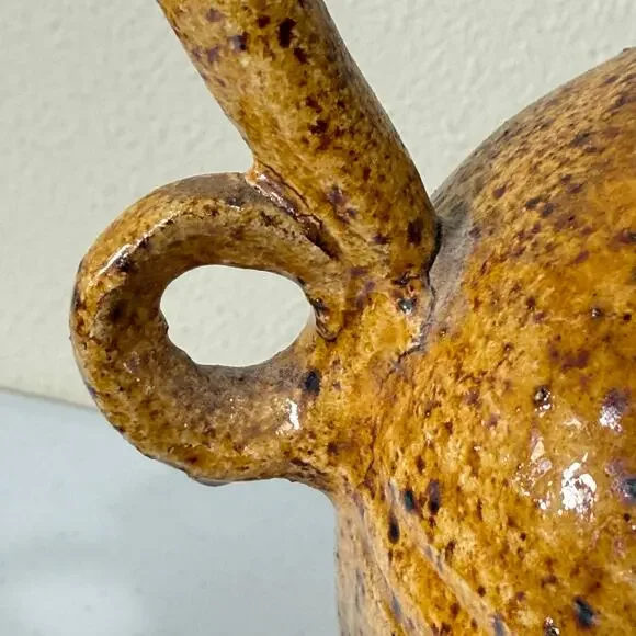 Vintage 1950's Toledo Spain Brown Yellow Speckled Glazed Pottery Vase 2 Handles